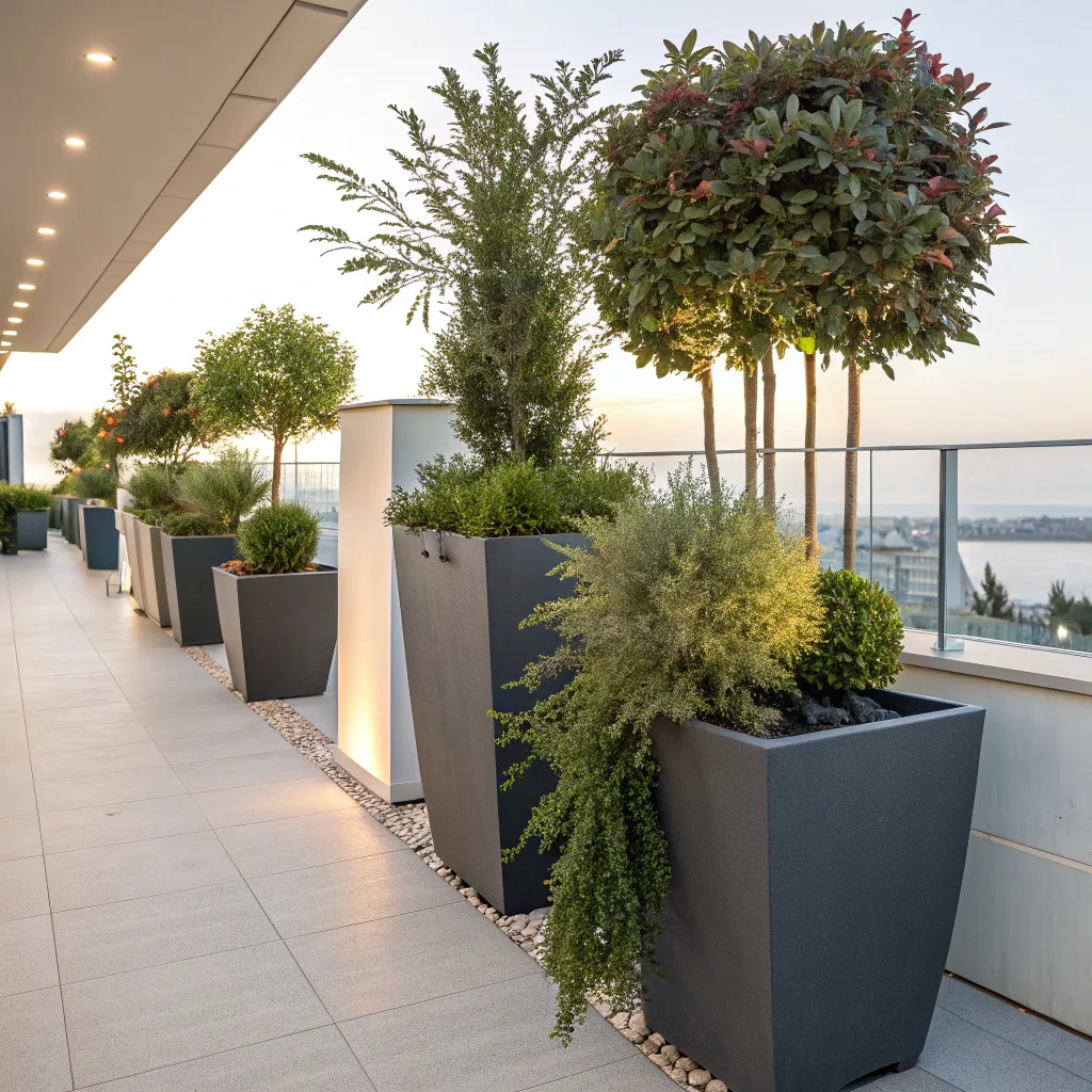 Beautifully arranged balcony plants in modern planters